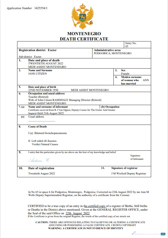 Download Montenegro death certificate Word and PDF template Photoshop template